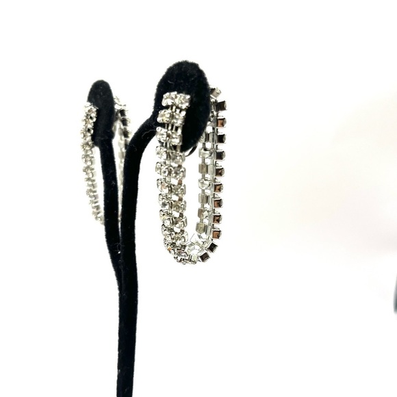 Rhinestone Hoop Earrings Linked 2” 3 Row Evening Elegant Earrings Vintage - Picture 3 of 12